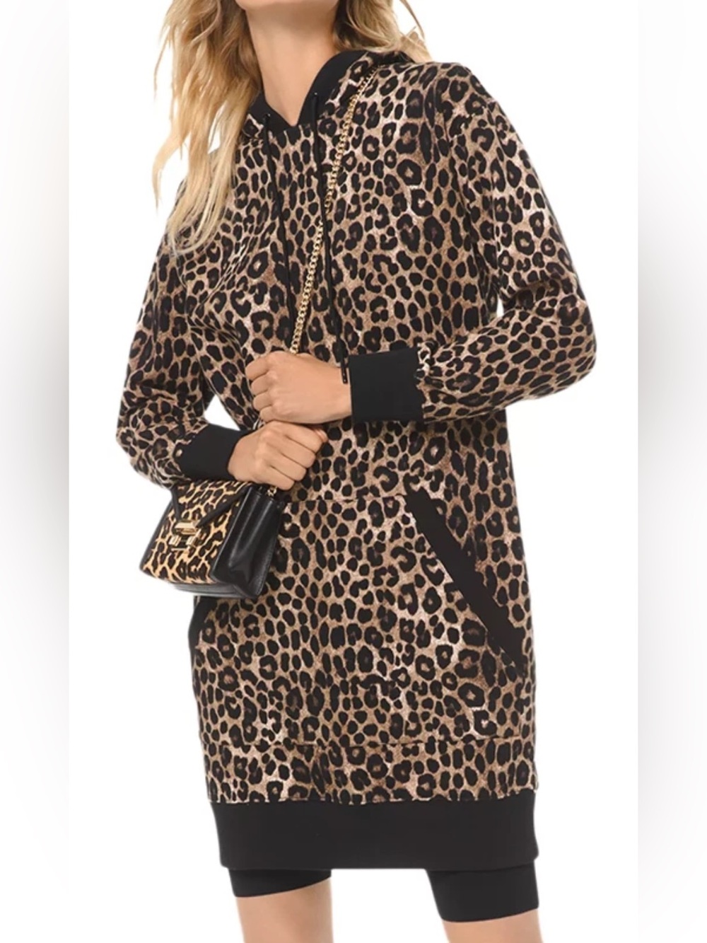 MICHAEL KORS NWT Women's Leopard Print Long Sleeve Cotton Terry Hoodie Dress